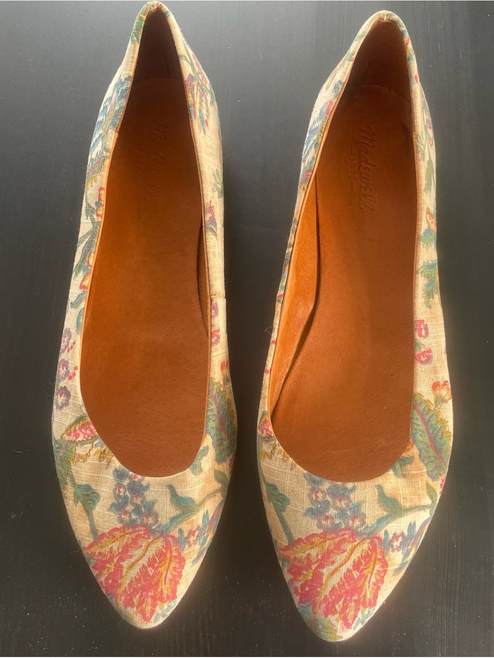 Madewell Floral Pointed Ballet Flats in Cream with Pink & Green Accents